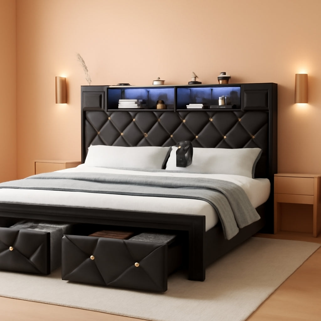 King Size Upholstered Platform Bed Headboard Storage