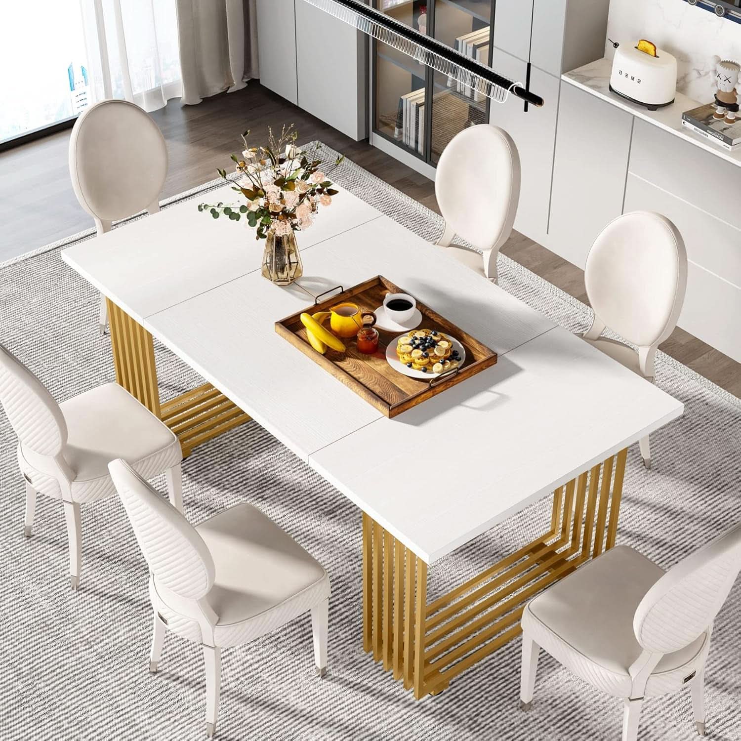 White Gold Wood Dining Table 70 Inch Rectangular For Dining Room-4