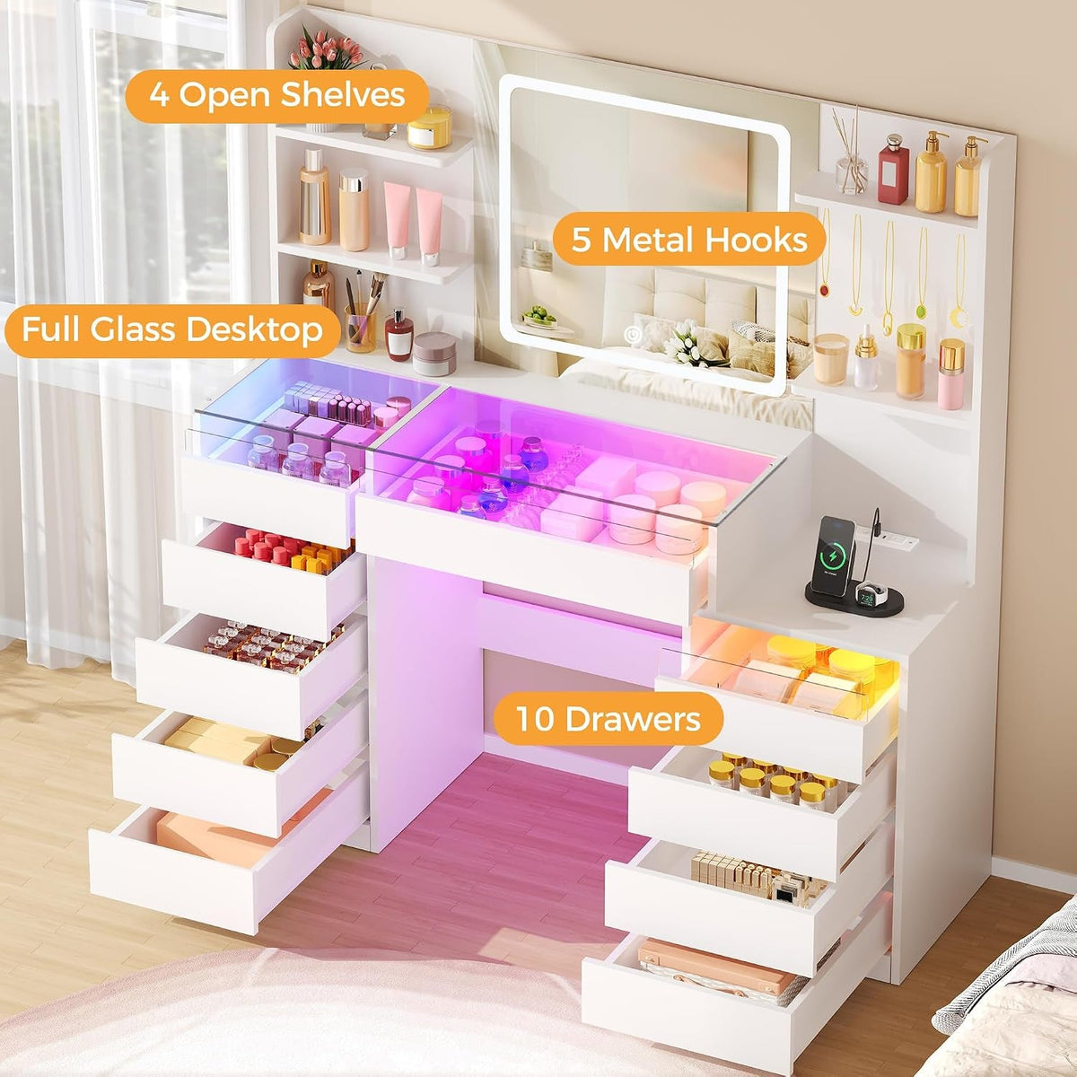 White Makeup Vanity With RGB Multicolor Illumination