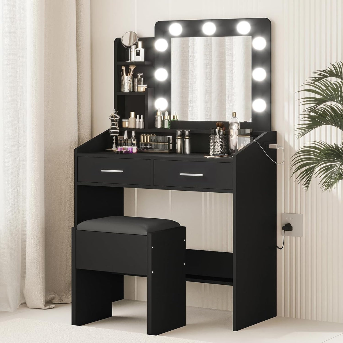Black Vanity Table Set With Illuminated Dimmable LED