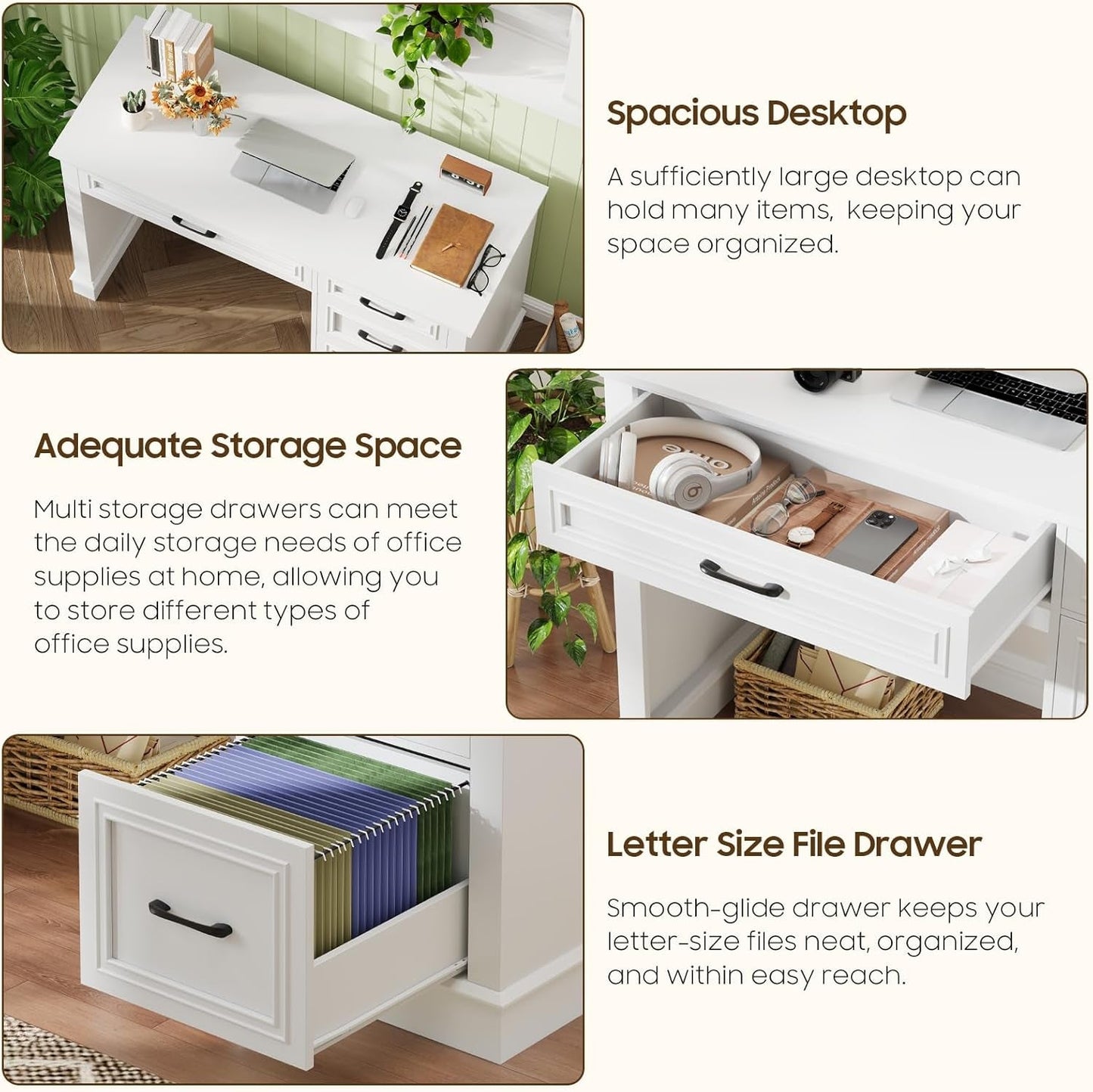 Cream White Farmhouse Executive Desk Featuring Drawers