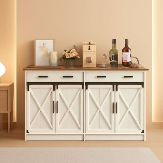 White Brown Farmhouse Buffet Cabinet Adjustable Shelves-0