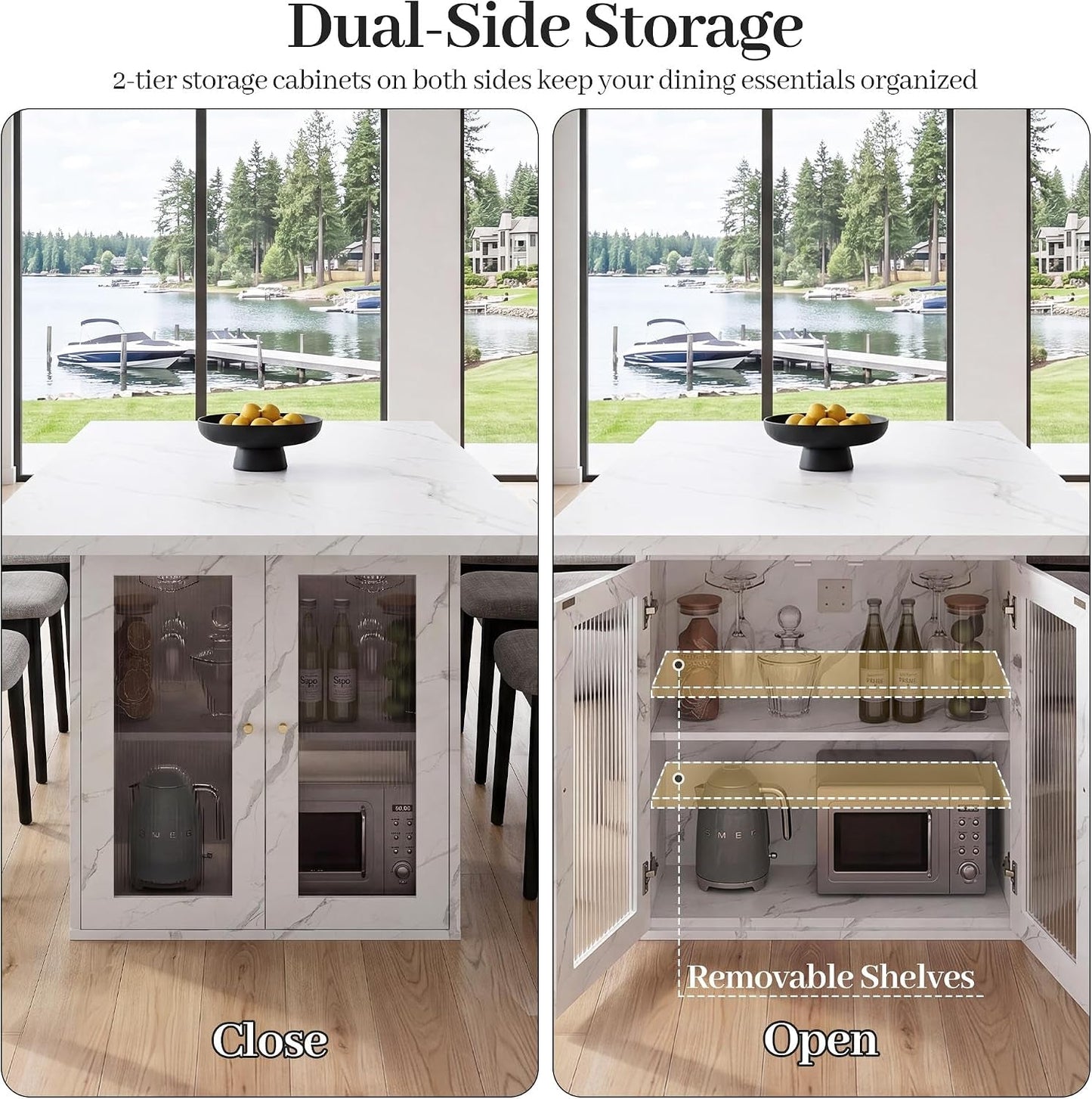 Extendable Dining Table White Marble Storage Compartment