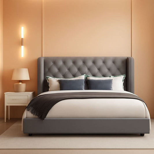 Grey VelvetLux Upholstered King Bed Frame Wing back