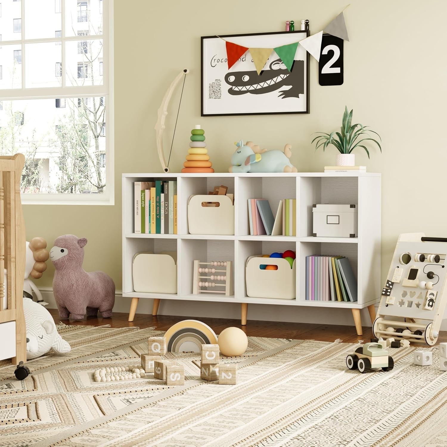 Freestanding White Eight Cube Wooden Bookshelf Organizer-4