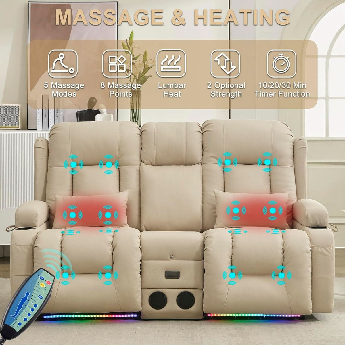 Beige Leatherette Power Reclining Loveseat With Massage