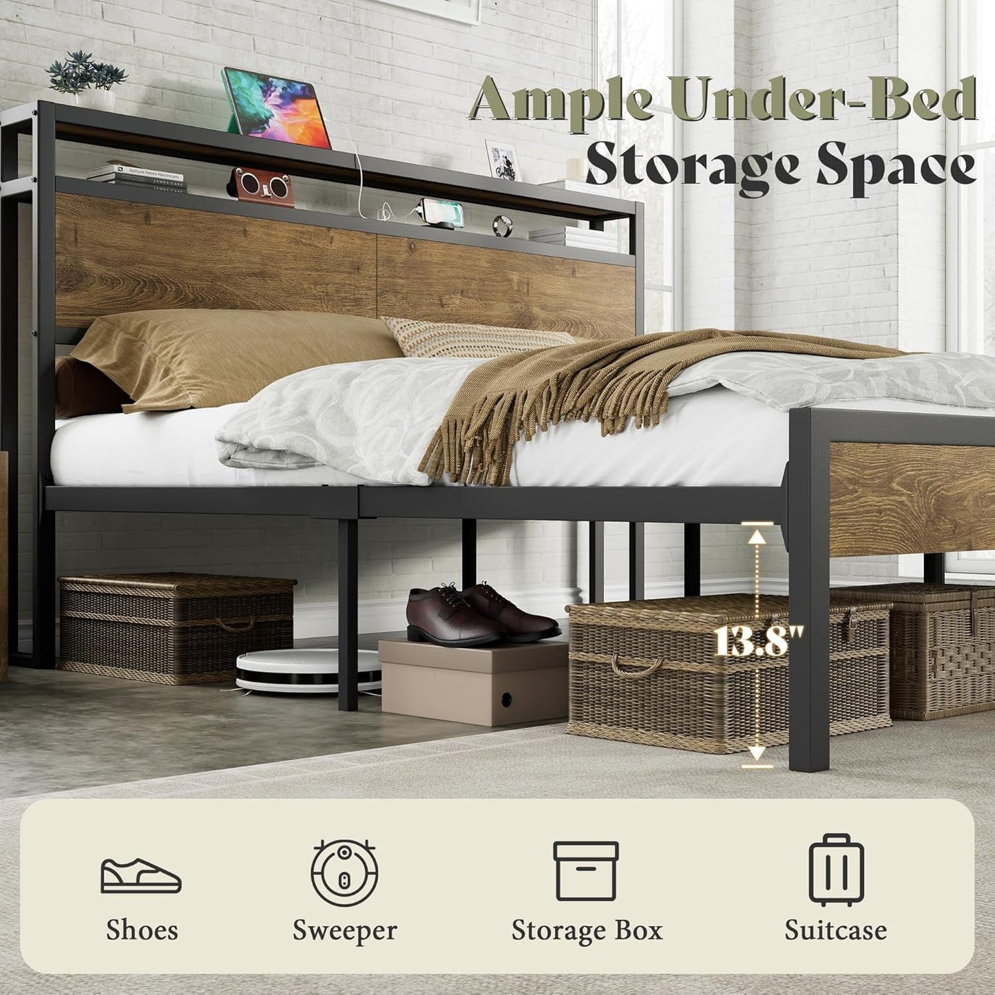 Queen Bed Frame Distressed Brown Storage Headboard