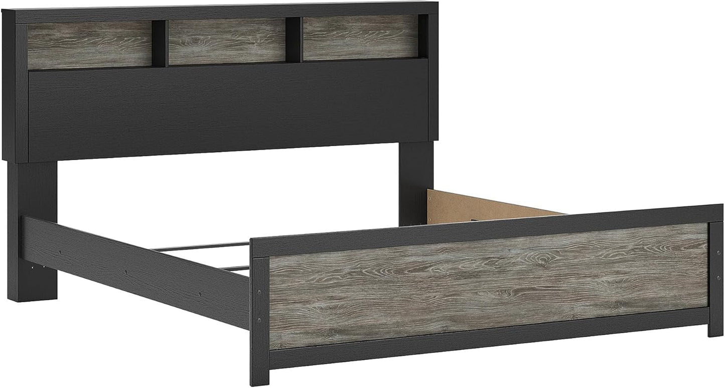 King Bed Frame With Bookcase Headboard Warm Gray Matte Black