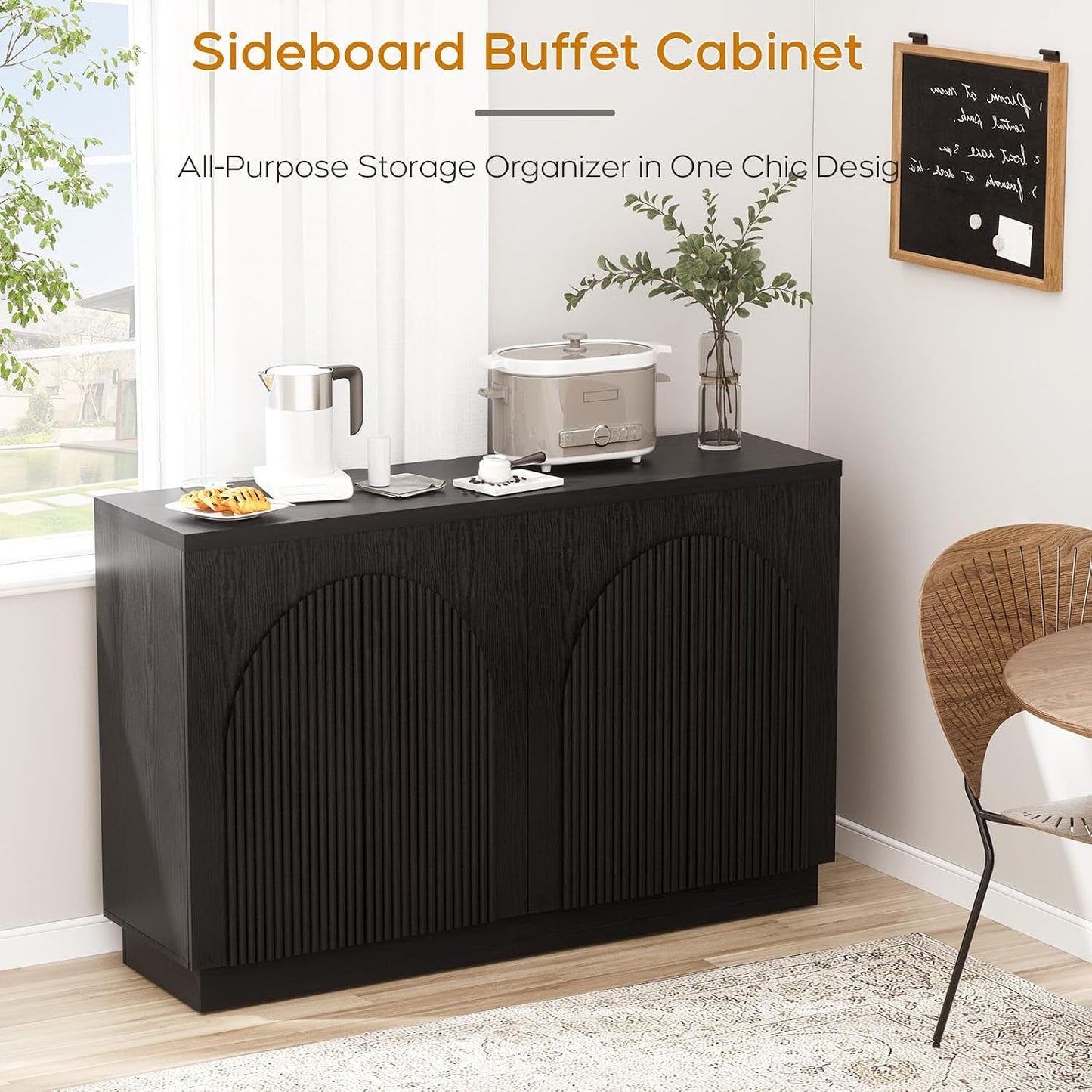 55Inch Black Fluted Mid Century Sideboard Buffet Cabinet-4