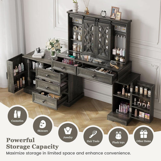 Brown Makeup Vanity With Illuminated Mirror Armoire