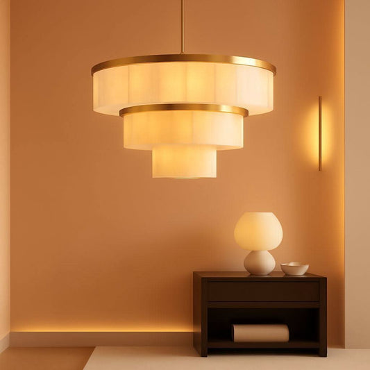 Alabaster 3 Tier Chandelier 34 Inch Gold Finish Fixture
