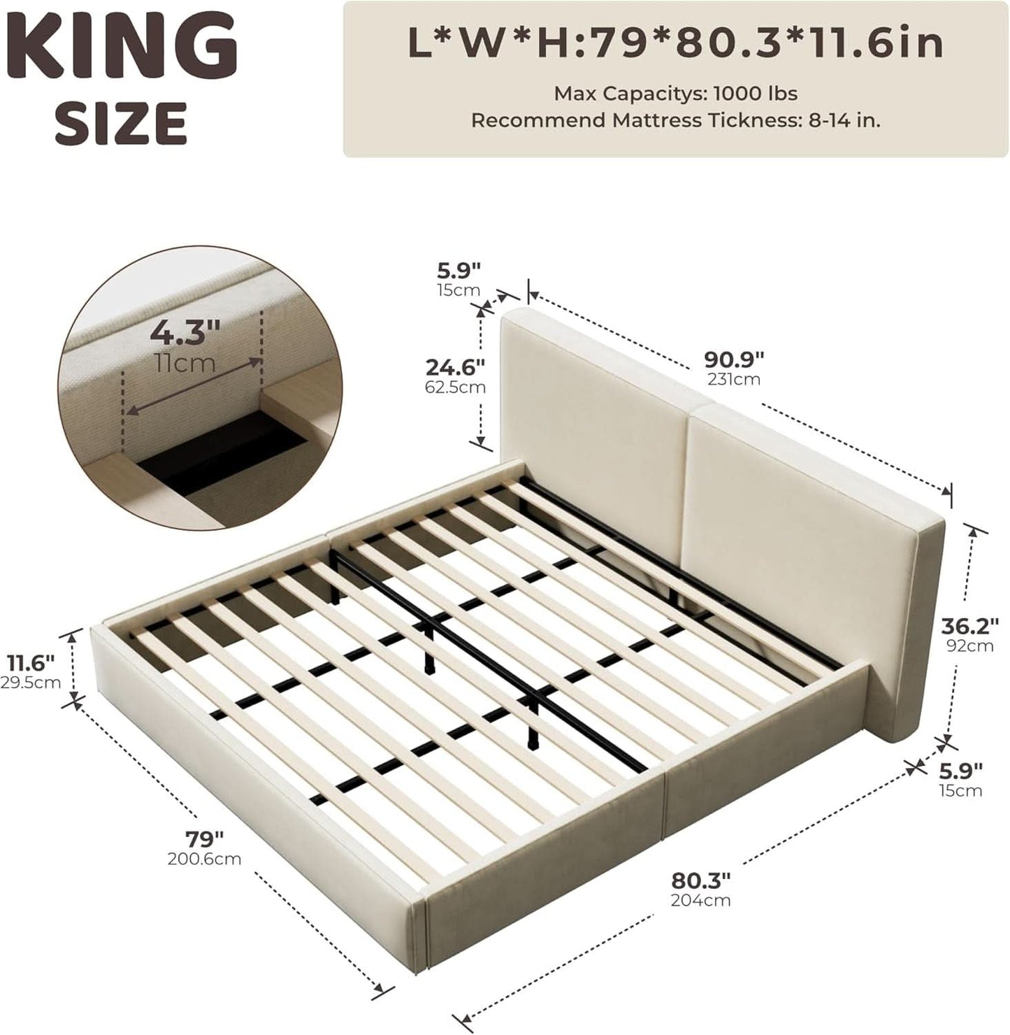 Cloud King Beige Platform Bed Frame With Plush Headboard, King Size