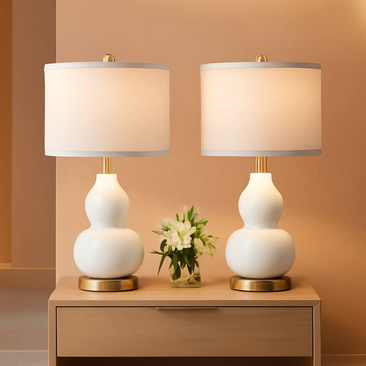 Double Gourd Ceramic Night stand Lamps White Linen Shade