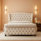 King Size Platform Bed Frame, Chenille Upholstered Sleigh Bed with Scroll Wingback Headboard & Footboard/Button Tufted/No Box Spring Required/Cream