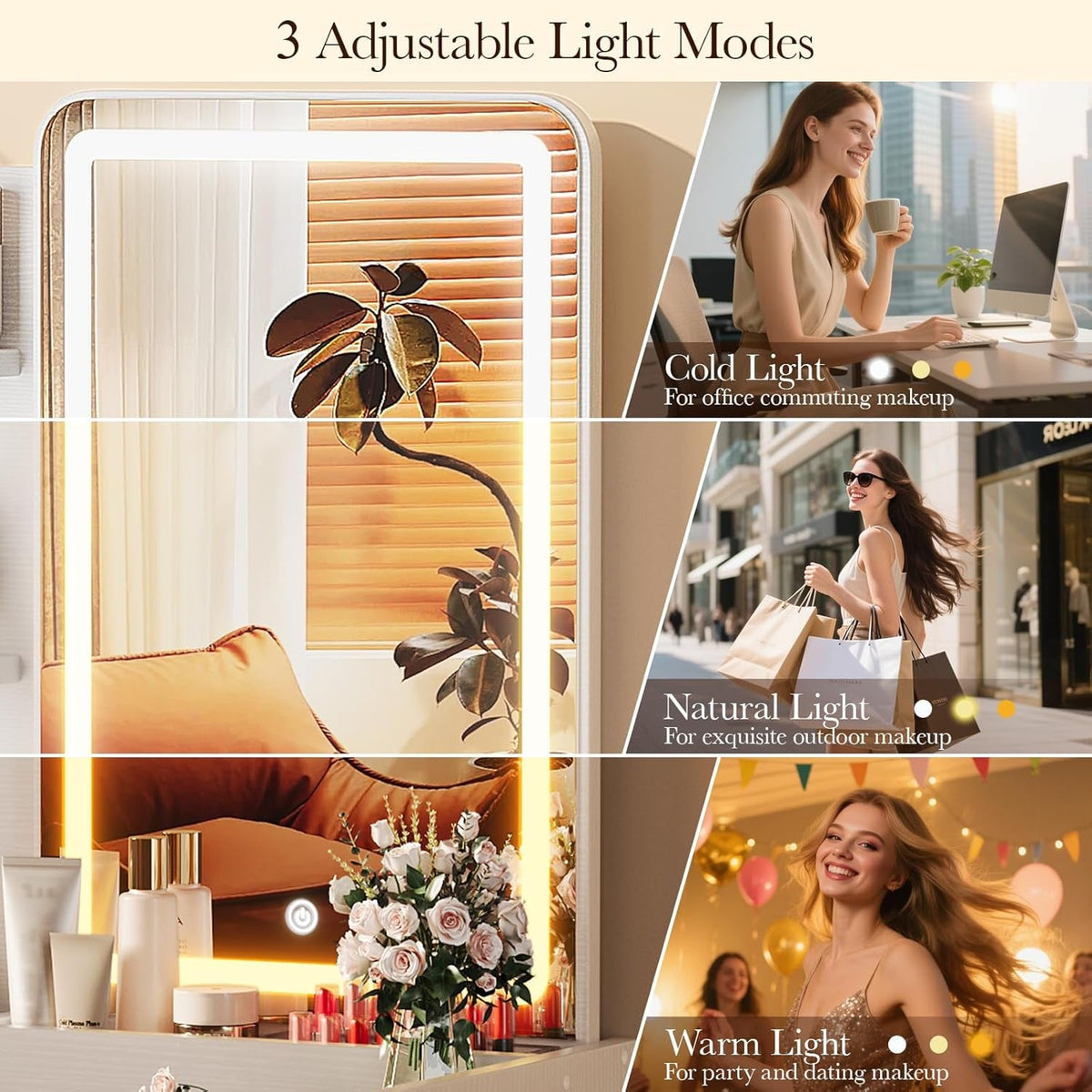 White Vanity Desk Mirror Featuring Integrated Lighting