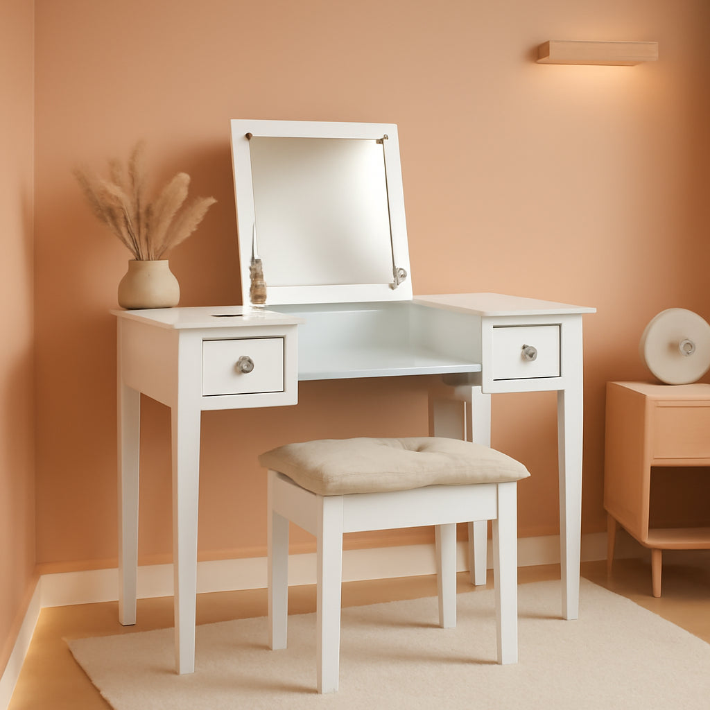 White Solid Wood Vanity Set Featuring Oversized Mirror