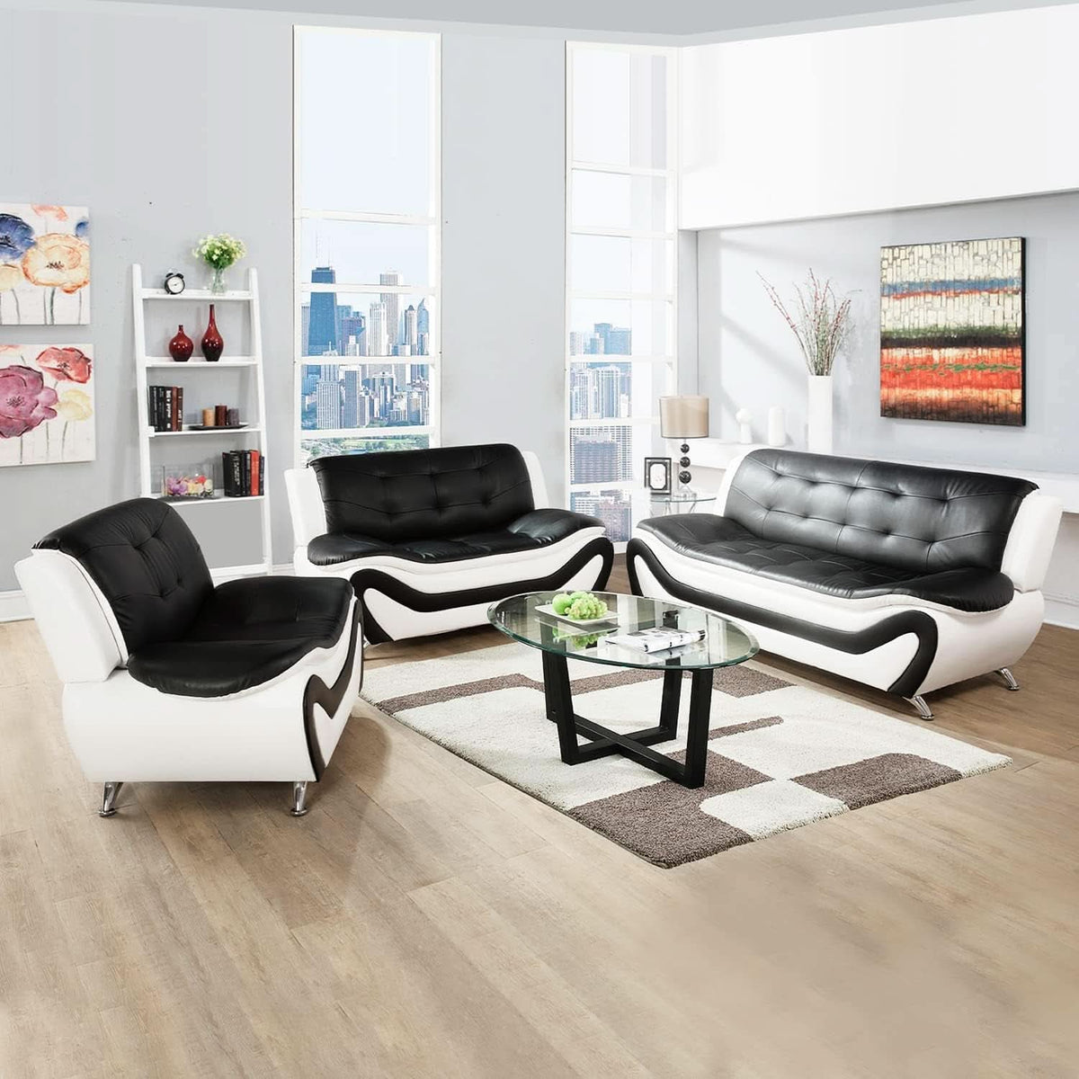 Living Room Faux Leather Sofa Set 3 Piece Black White