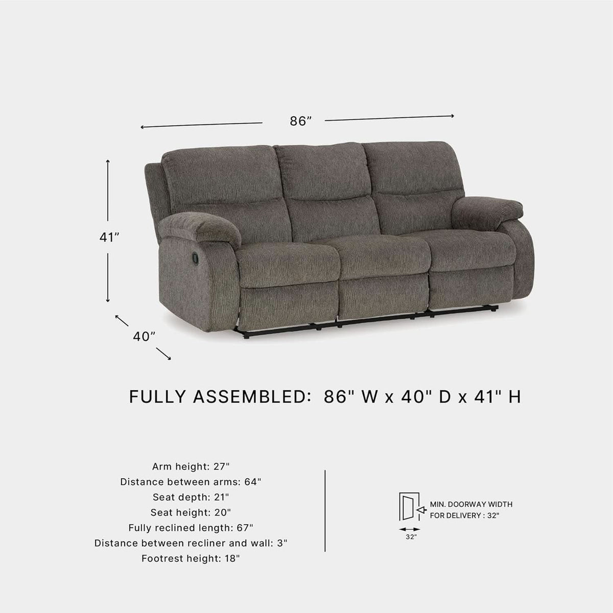Contemporary Manual Reclining Sofa Gray Upholstery