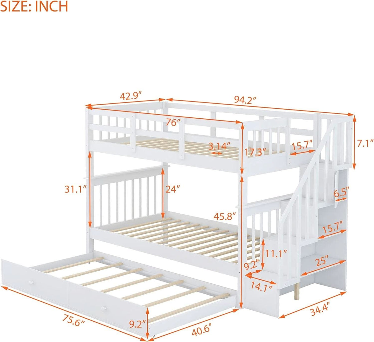 Twin Over Twin Bunk Bed With Stairs And Trundle White