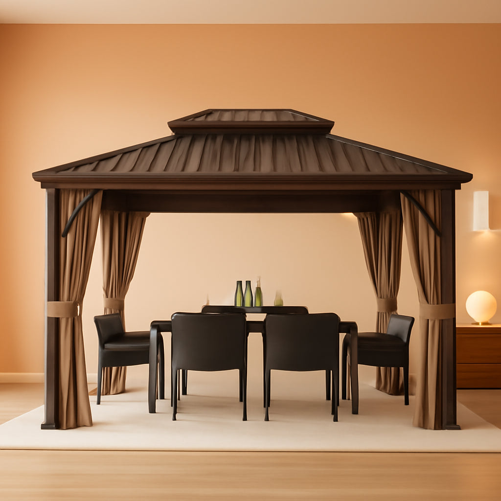 10x12Feet Brown Hardtop Gazebo With Curtain Netting