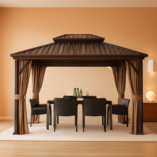 10x12Feet Brown Hardtop Gazebo With Curtain Netting