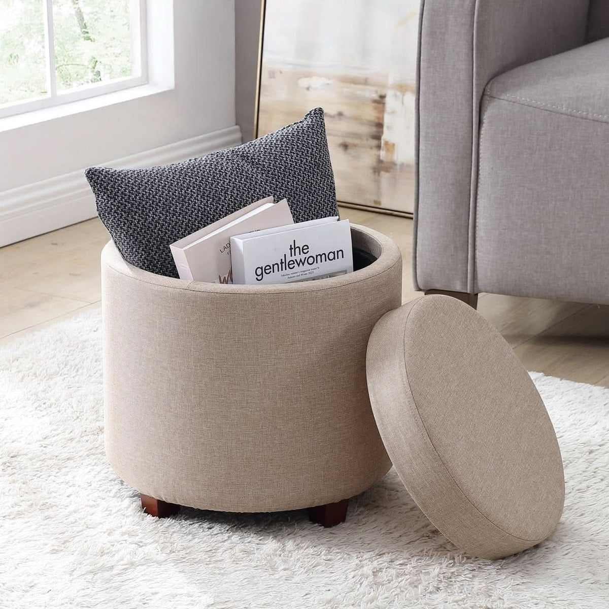 Linen Beige Architectural Storage Ottoman With Lid