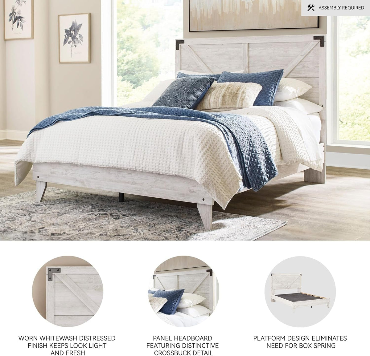 Queen Cross buck Platform Bed White wash Durable Frame