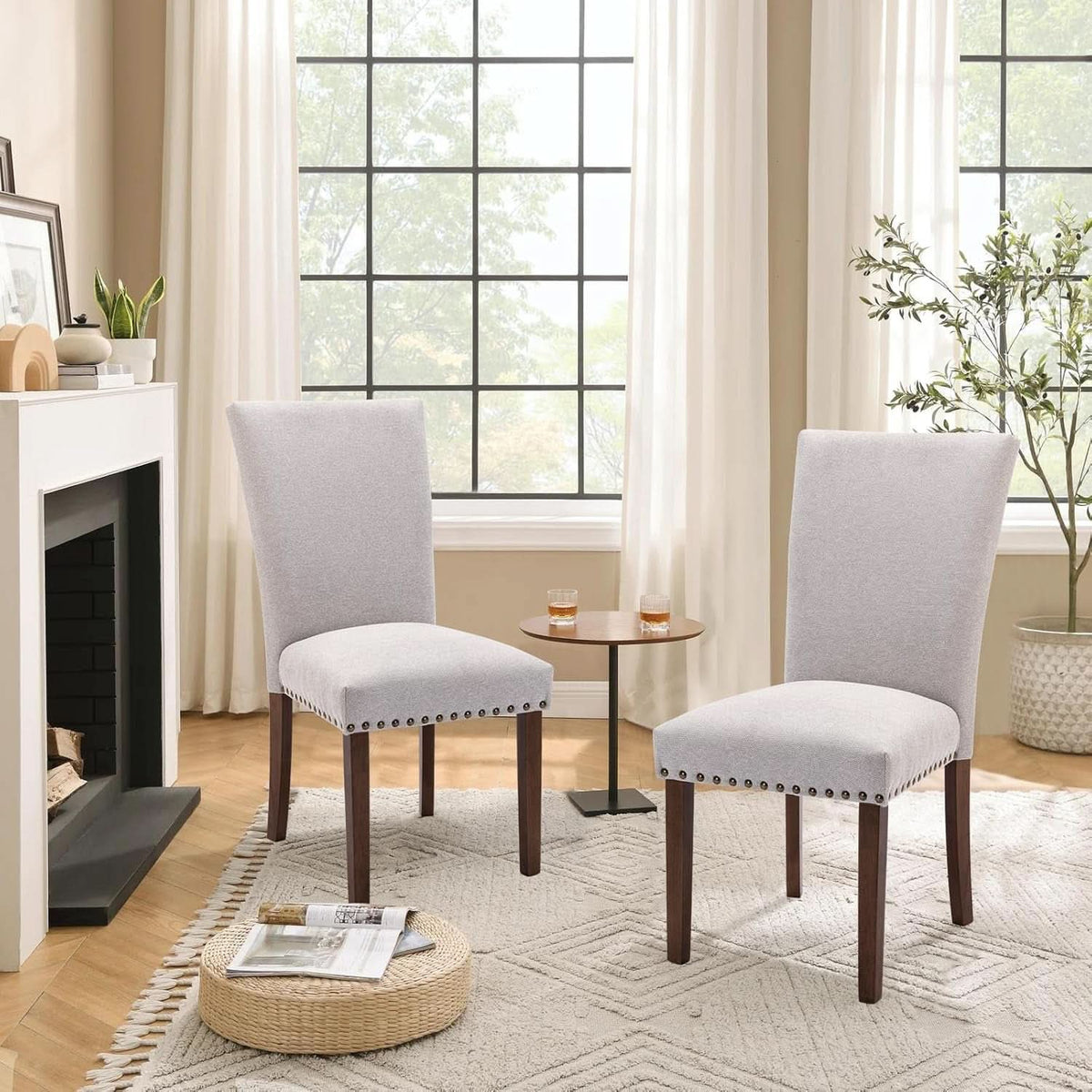 Parsons Upholstered Dining Chairs Light Grey Nailhead
