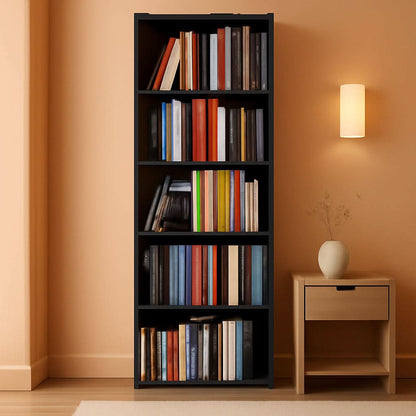 5 Tier Wood Bookcase Freestanding Black Home Office