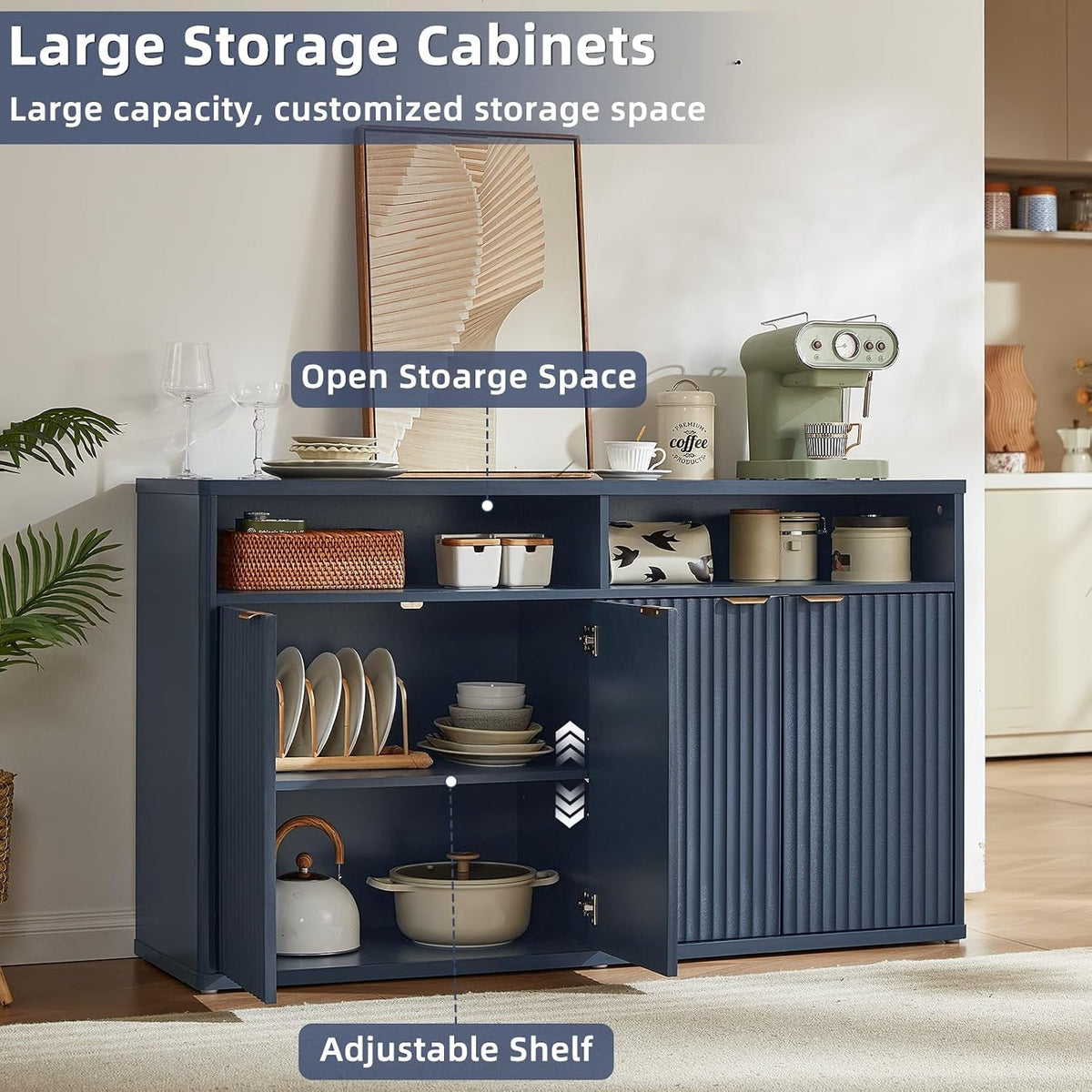 Fifty Five Inch Fluted Buffet Cabinet Dark Blue Shelving