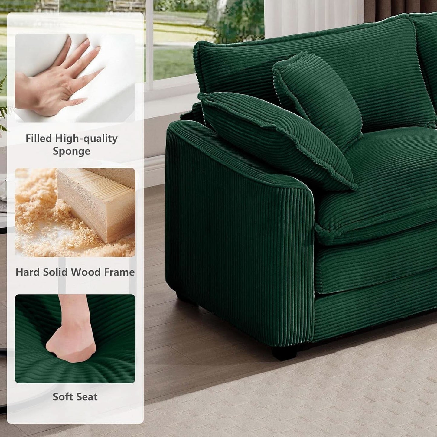 Oversized 2 Piece Sofa Set 3 Seater Loveseat Green