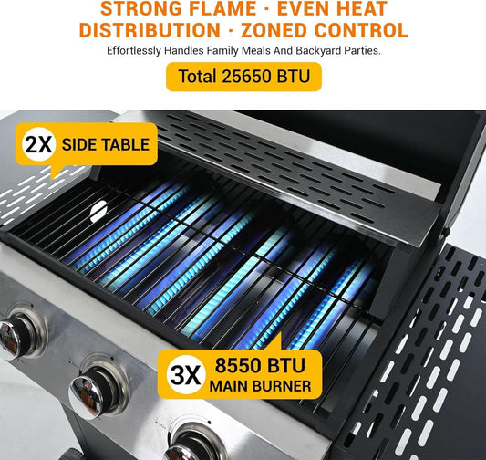 Stainless Steel Three Burner Propane Grill 25650BTU