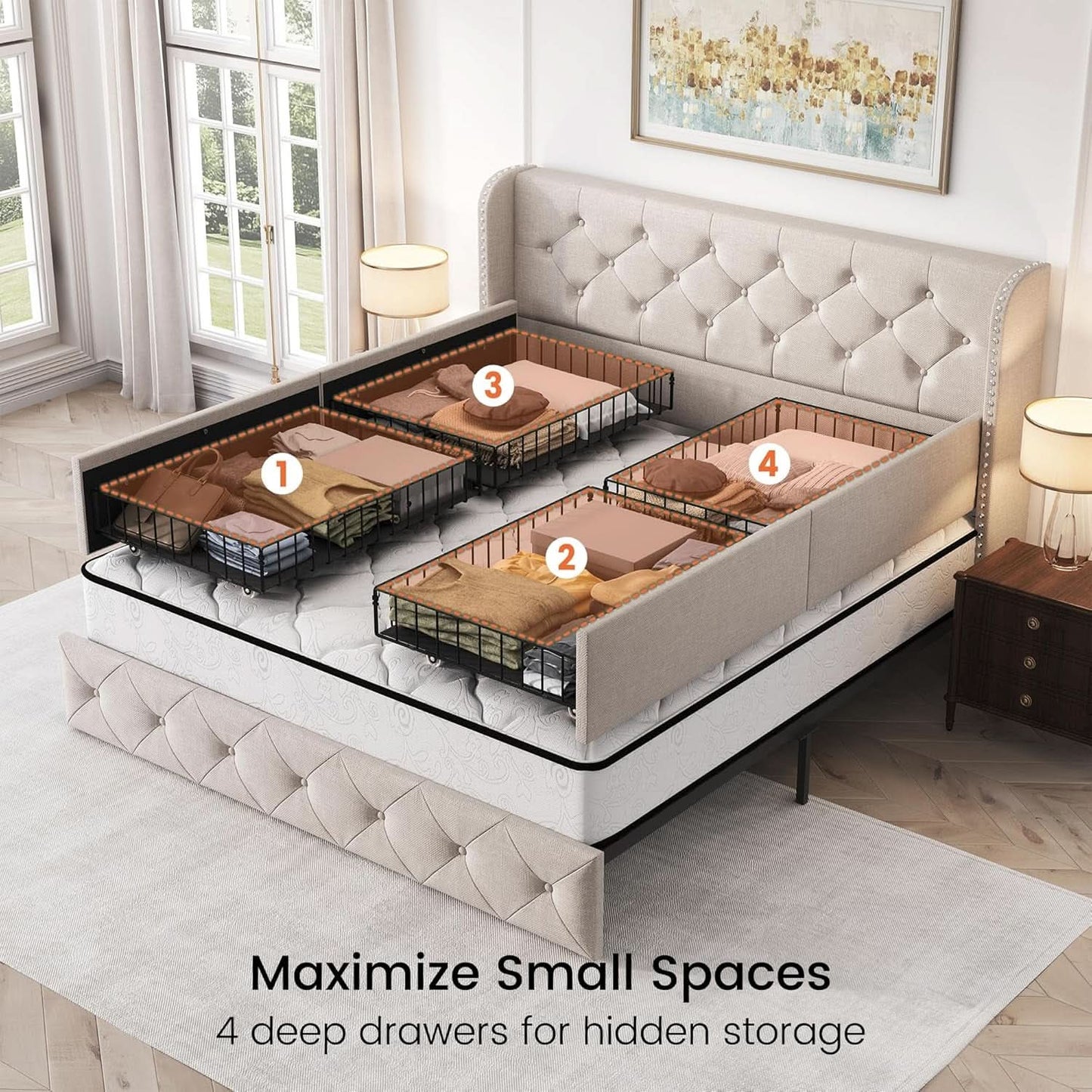 Queen Size Bed Frame Beige Upholstered Tufted Head board