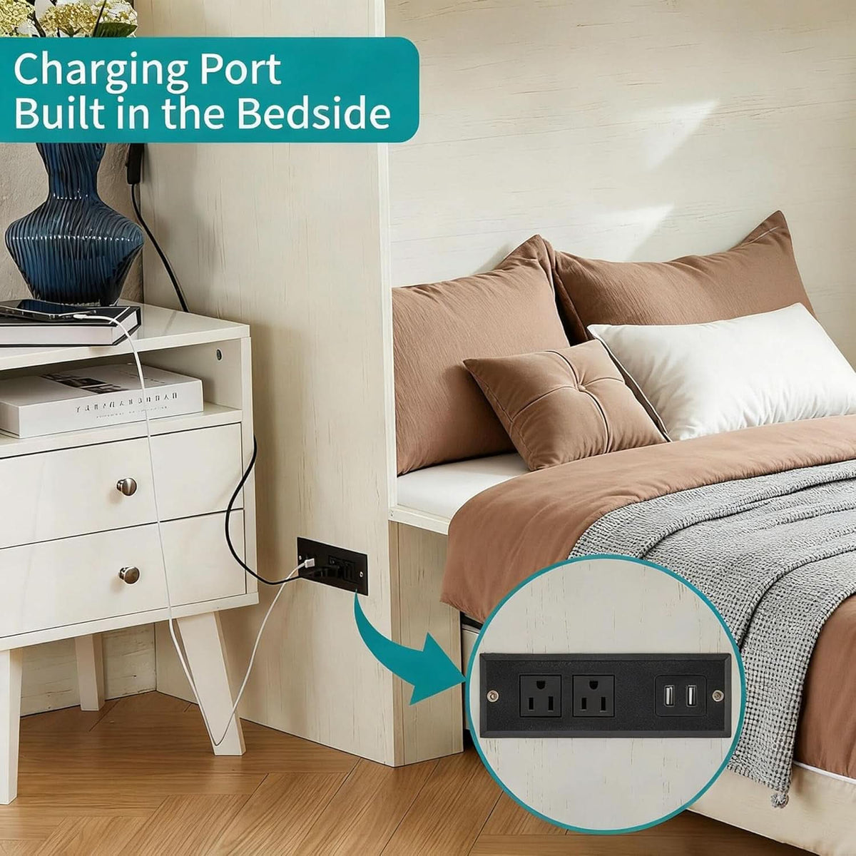 Queen Murphy Bed With Charging Station Rustic White