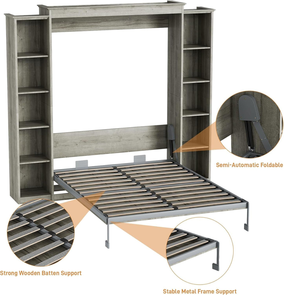 Grey Queen Murphy Bed With Multifunctional Storage-3