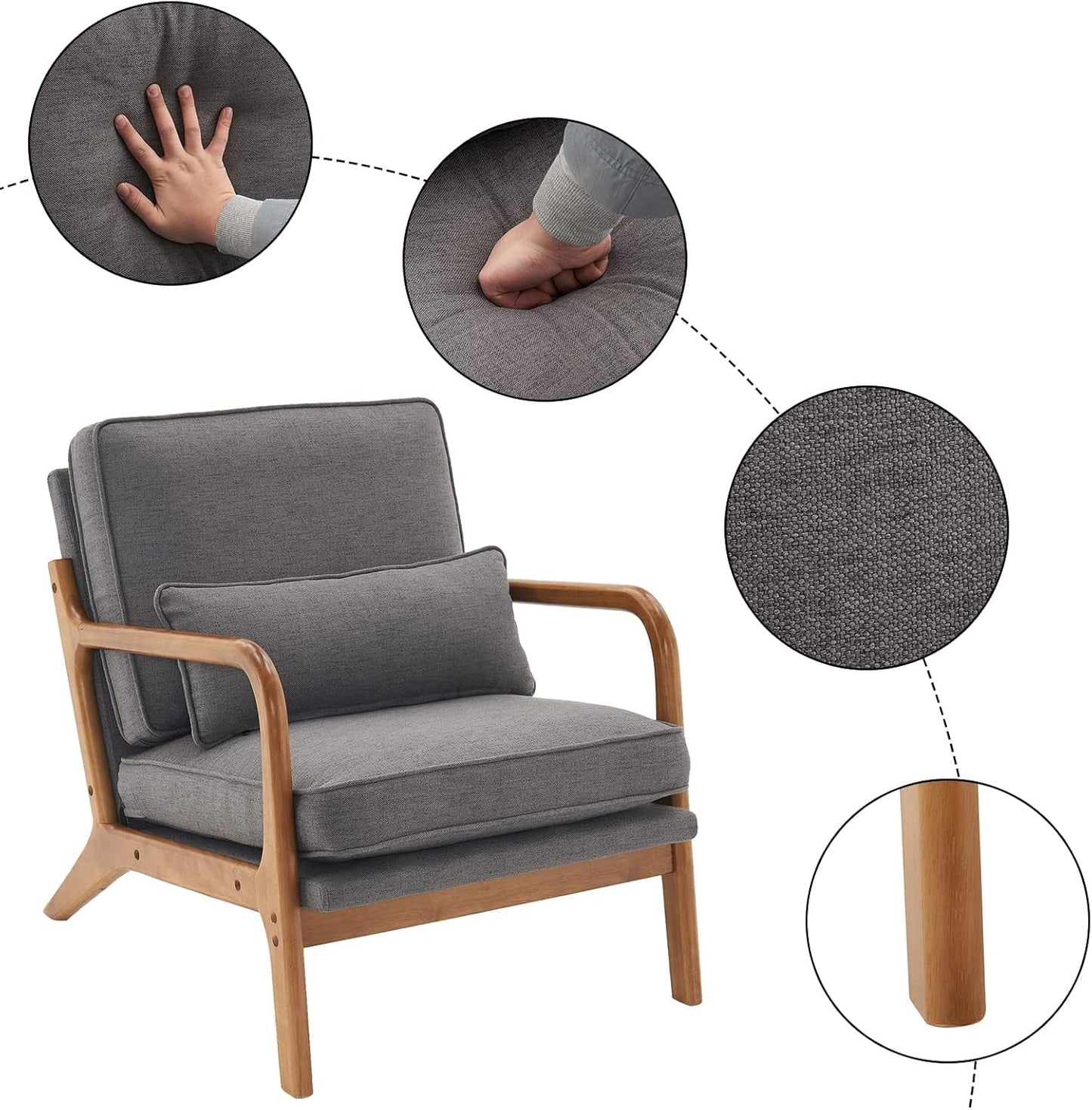 Gray Linen Upholstered MidCentury Chair With Pillow