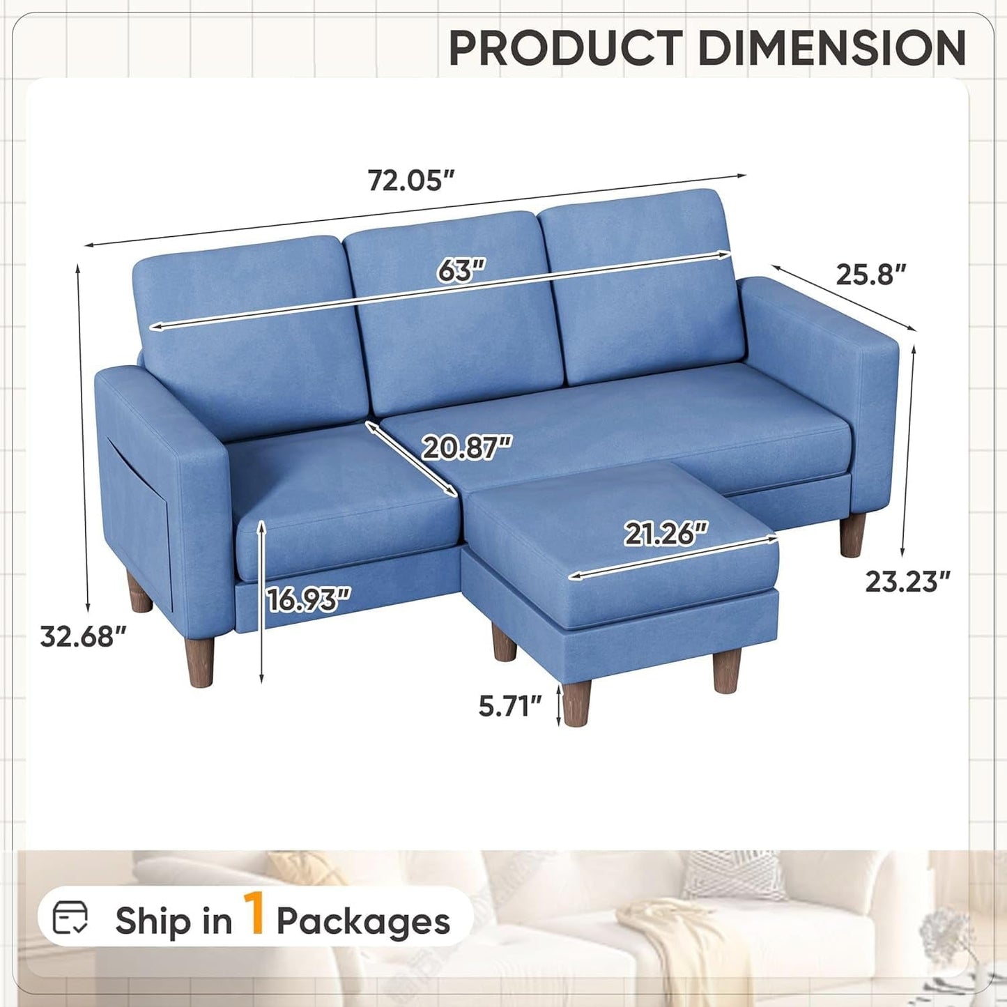 Blue Upholstered L Shaped Movable Sectional Couch Ottoman