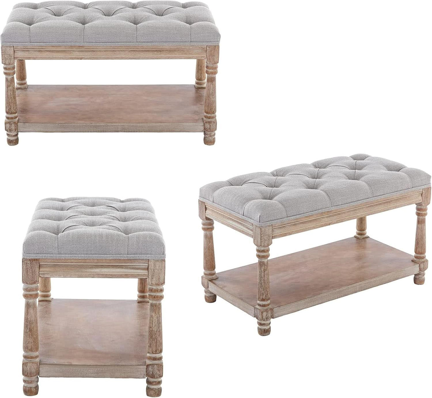 Grey Tufted Upholstered Storage Ottoman Bench Shelf