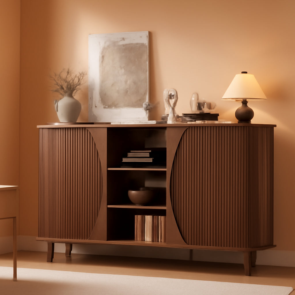 Walnut 59 Inches Curved Contemporary Buffet Cabinet
