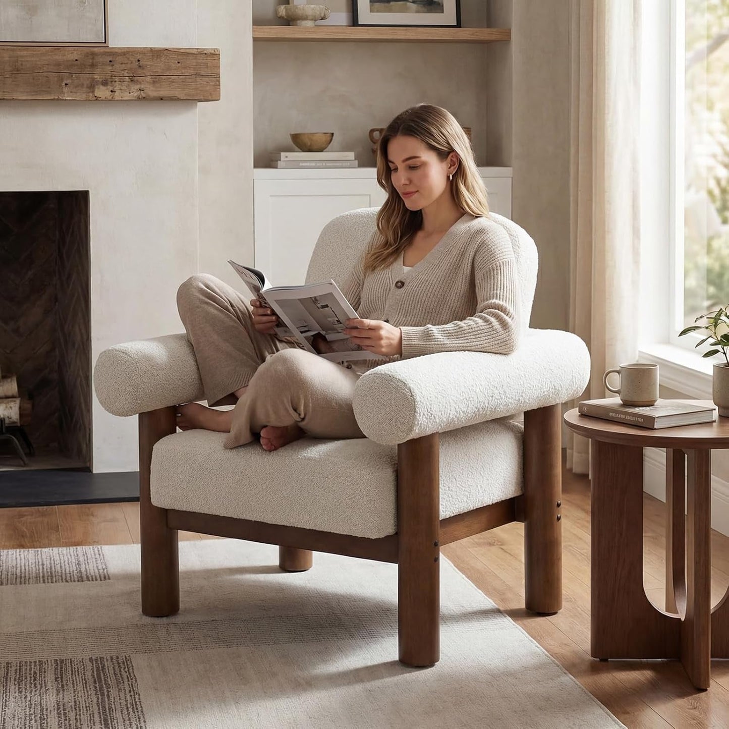 Beige Boucle Upholstered Barrel Chair With SolidWood