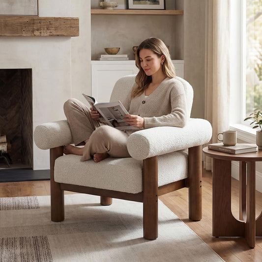 Beige Boucle Upholstered Barrel Chair With SolidWood