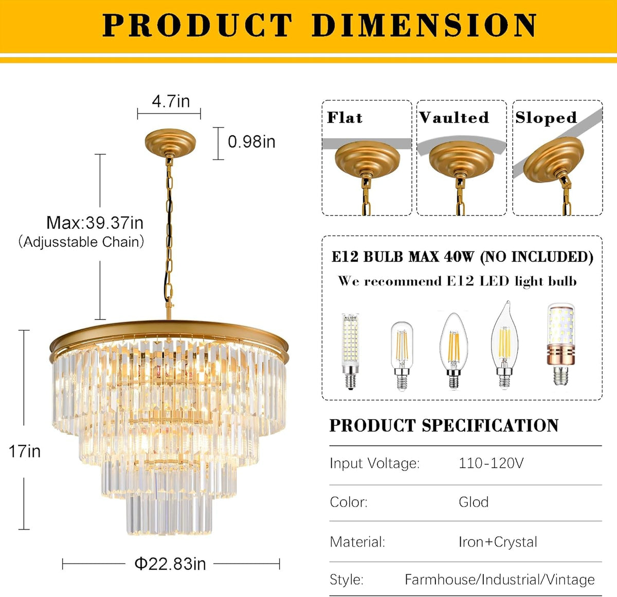 Gold Crystal Chandelier 22.9in Ceiling Pendant Light-1