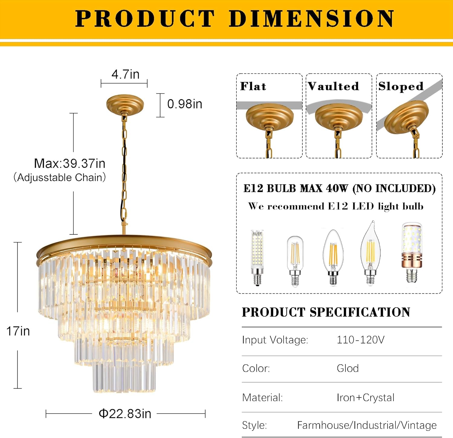 Gold Crystal Chandelier 22.9in Ceiling Pendant Light-1