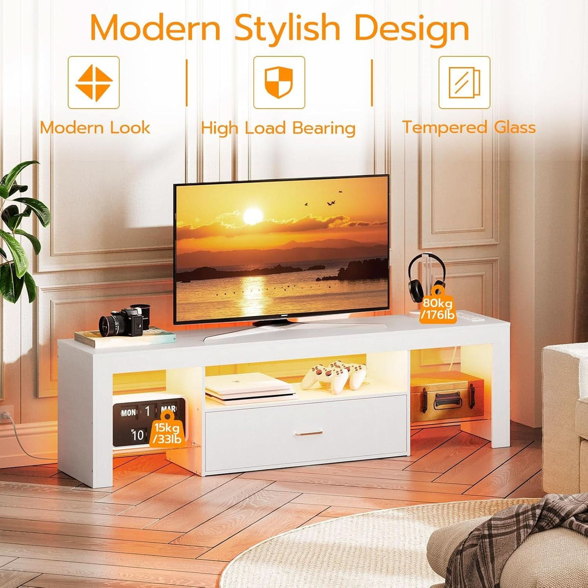 LED TV Stand Sixty Five Inch Premium White Outlets With Storage