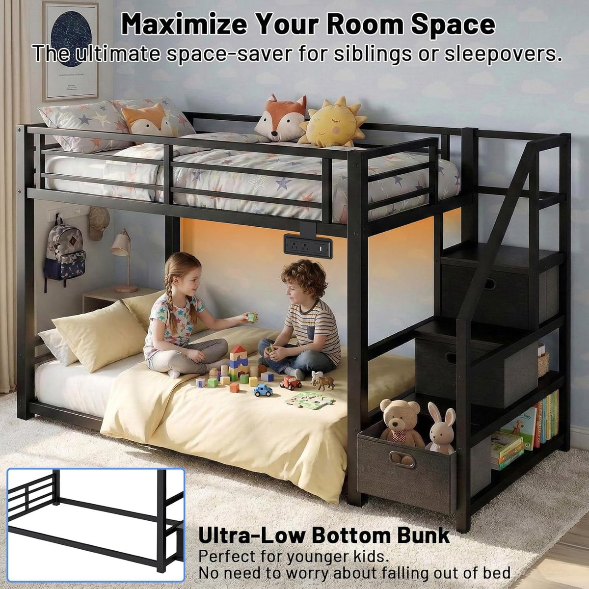 Black Twin Over Twin Metal Bunk Bed Storage Drawers