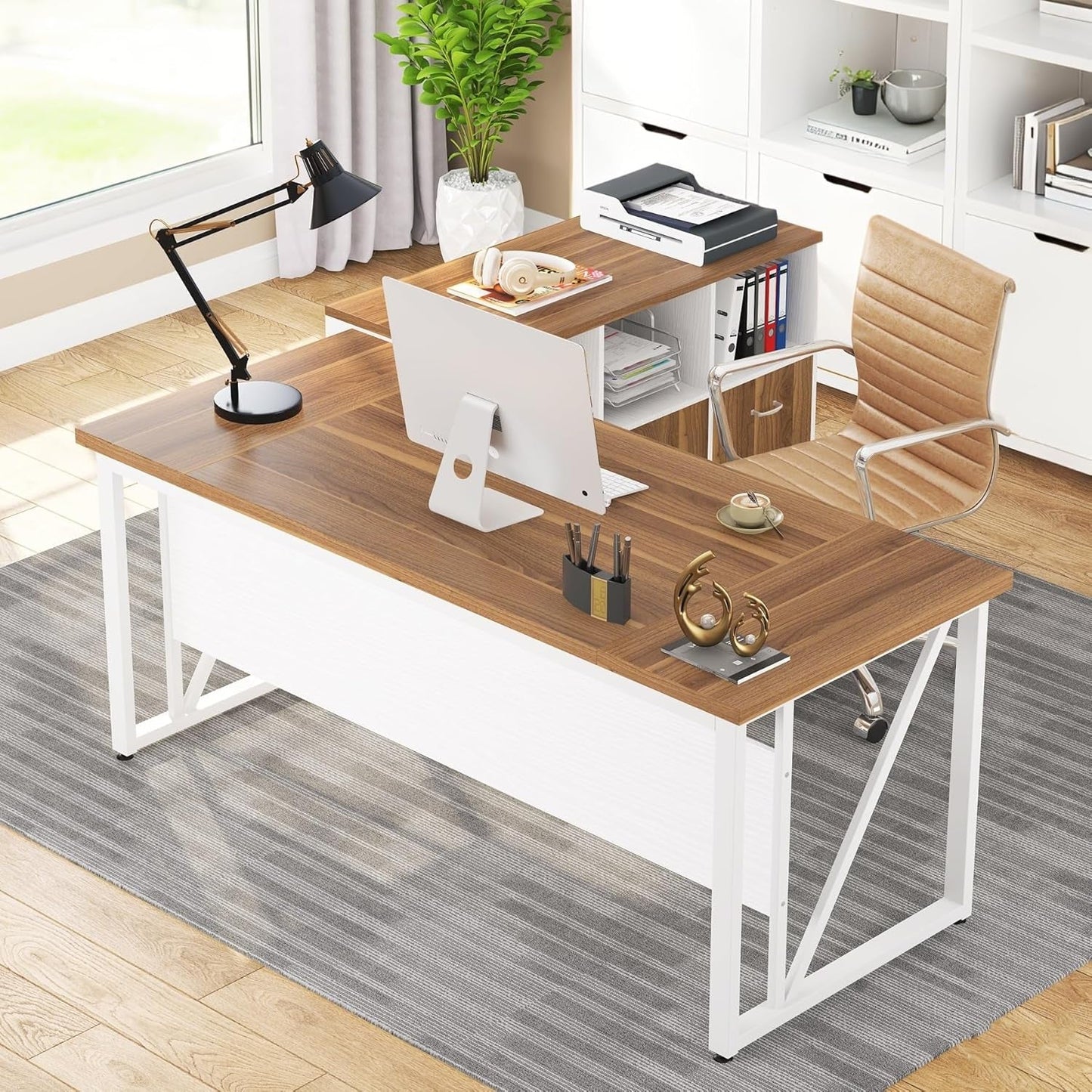 63Inch Walnut Executive Computer Desk With Cabinet