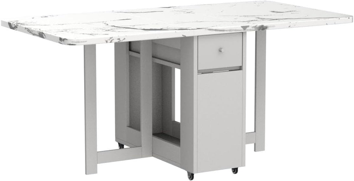 White Folding Extendable Dining Table Marble Storage