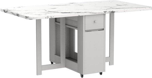 White Folding Extendable Dining Table Marble Storage