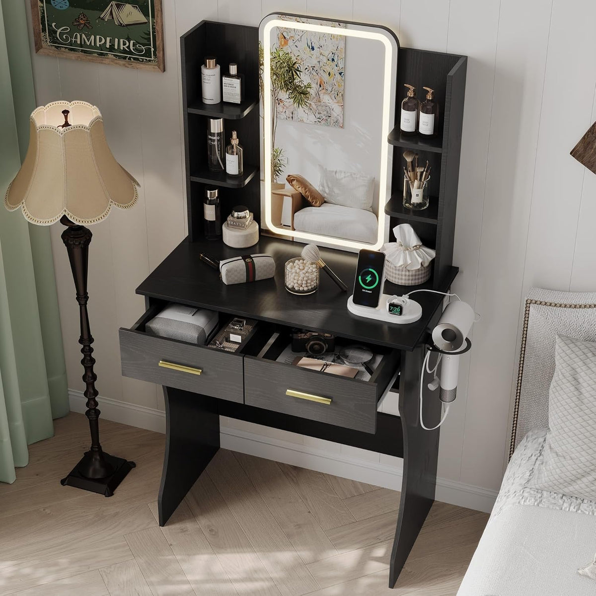 Miniature Black Vanity Table With LED Illumination