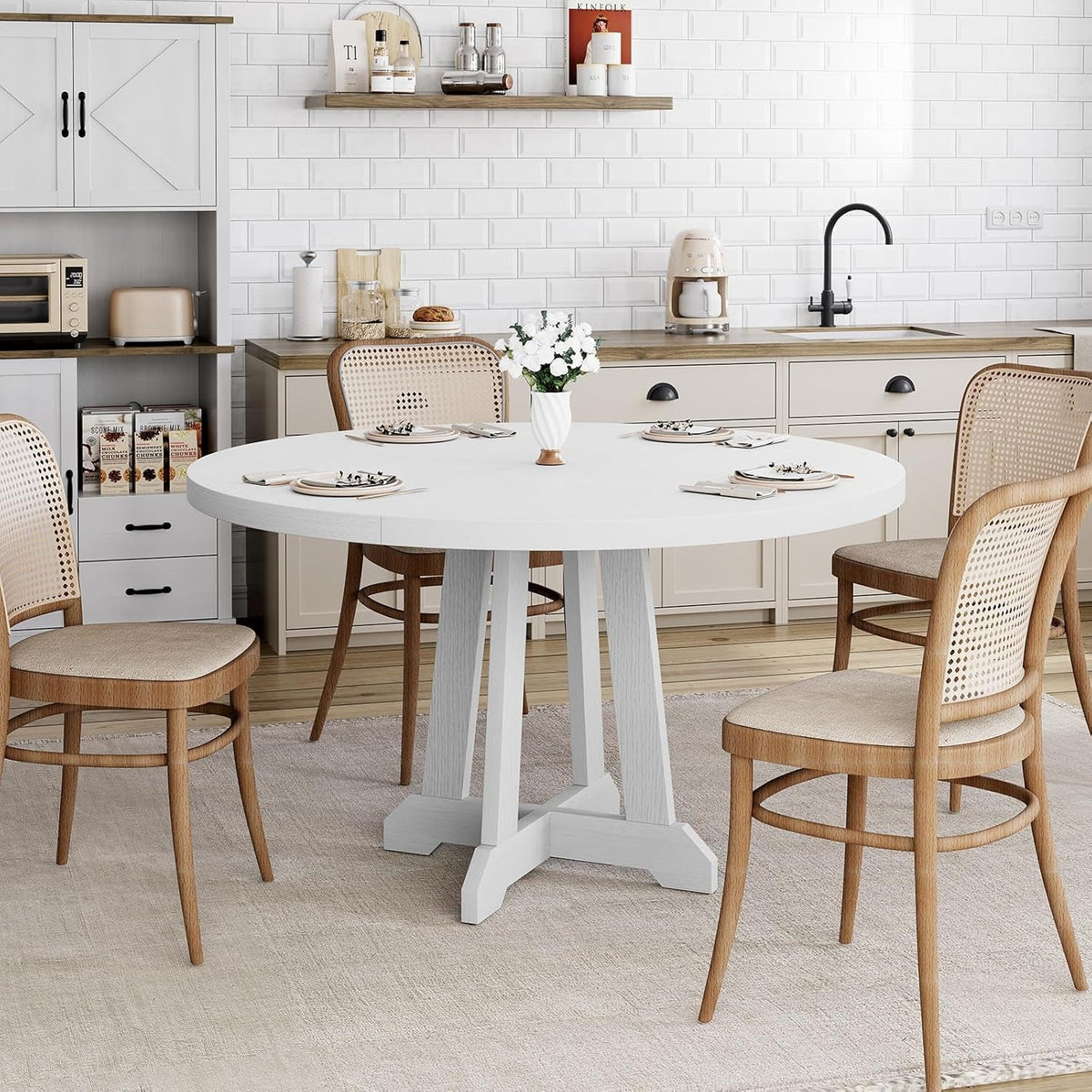 Forty Seven Inches White Circular Solid Wood Dining Table-4